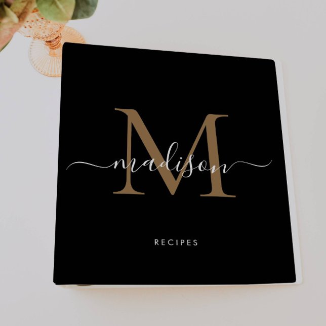 Elegant Monogram Black Gold Script Name Recipe 3 Ring Binder (Creator Uploaded)
