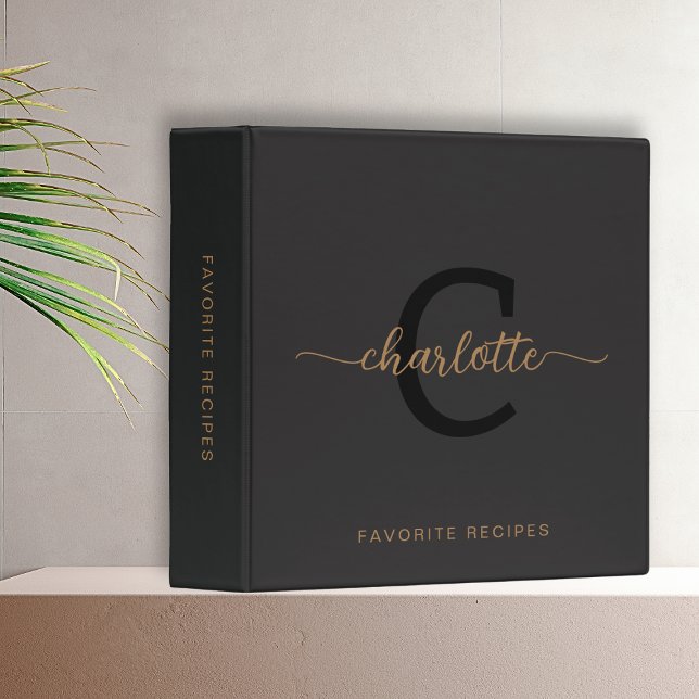 Elegant Monogram Black Gold Script Name Recipe 3 Ring Binder (Creator Uploaded)