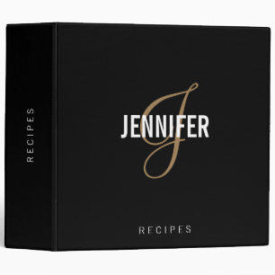 Elegant Monogram Black Gold Script Name Recipe  3  Ring Binder