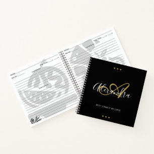 Elegant Monogram Black Gold Script Name Recipe Notebook