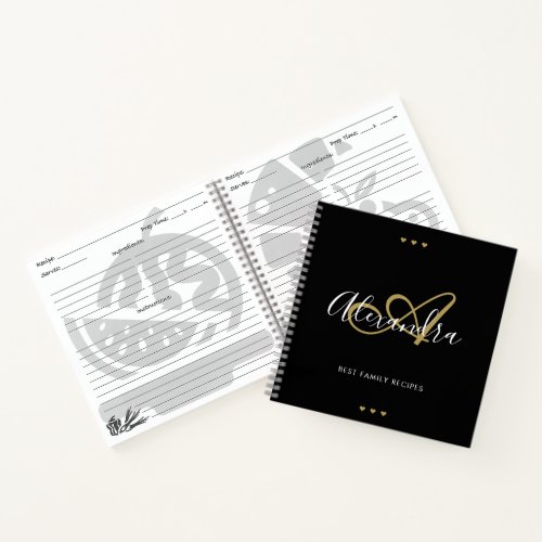 Elegant Monogram Black Gold Script Name Recipe  Notebook