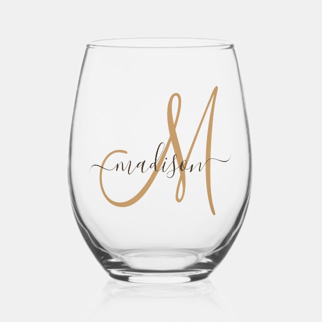 Elegant Monogram Black Gold Script Name  Stemless Wine Glass (Front)