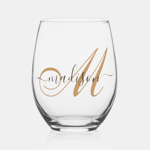 Elegant Monogram Black Gold Script Name  Stemless Wine Glass