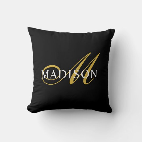 Elegant Monogram Black Gold Script Name Throw Pillow