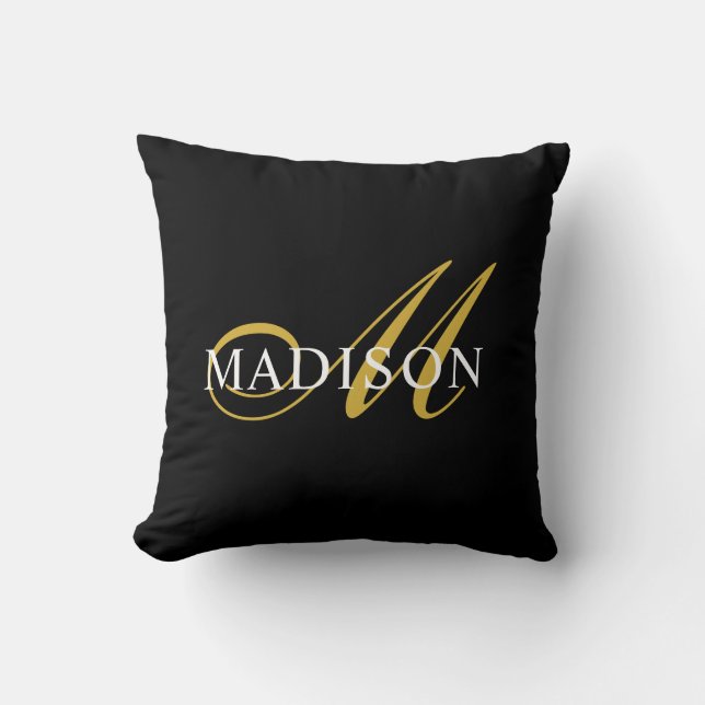 Elegant Monogram Black Gold Script Name Throw Pillow (Front)