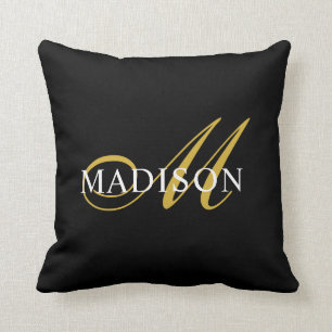 Elegant Monogram Black Gold Script Name Throw Pillow