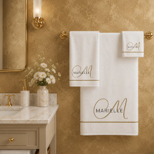 Elegant Monogram Black Gold Script Name White Bath Towel Set