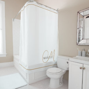 Elegant Monogram Black Gold Script Name White Shower Curtain