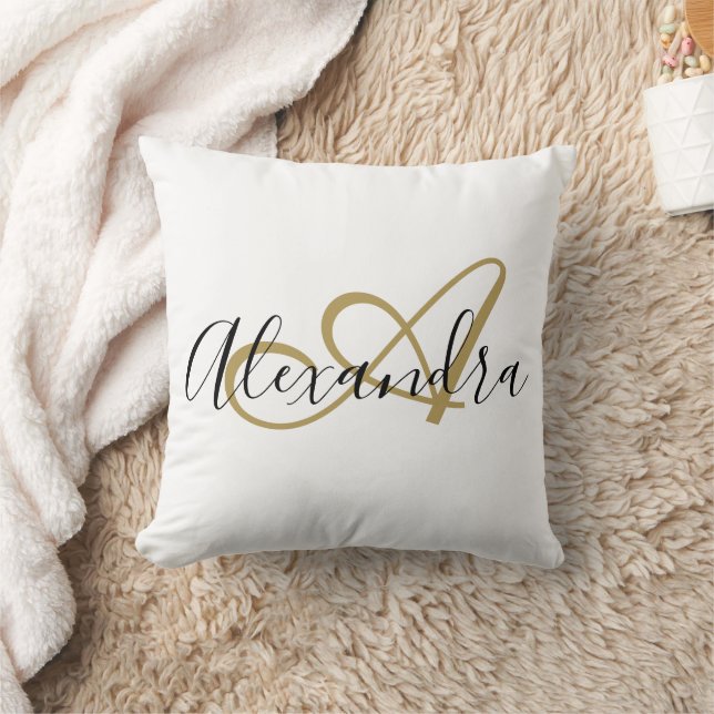 Elegant Monogram Black Gold Script Name White Throw Pillow (Blanket)