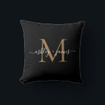Elegant Monogram Black Gold Script Names Wedding Throw Pillow<br><div class="desc">Chic monogrammed keepsake pillow with your names and monogram in white elegant handwritten script calligraphy and gold modern typography on a black background. Simply add your names and monogram. Exclusively designed for you by Happy Dolphin Studio. If you need any help or matching products, please contact us at happydolphinstudio@outlook.com. We're...</div>