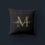 Elegant Monogram Black Gold Script Names Wedding Throw Pillow<br><div class="desc">Chic monogrammed keepsake pillow with your names and monogram in white elegant handwritten script calligraphy and gold modern typography on a black background. Simply add your names and monogram. Exclusively designed for you by Happy Dolphin Studio. If you need any help or matching products, please contact us at happydolphinstudio@outlook.com. We're...</div>