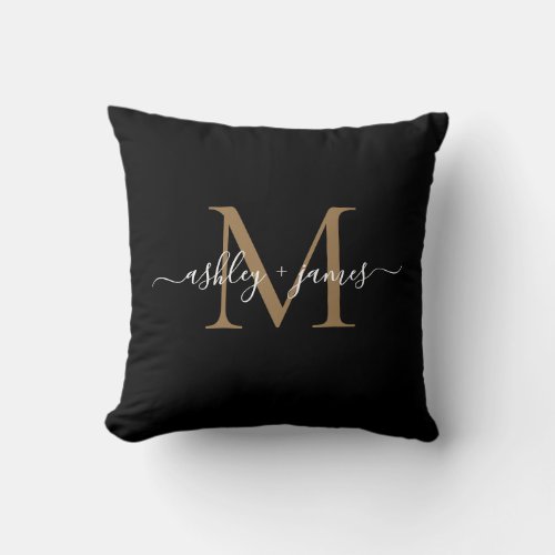 Elegant Monogram Black Gold Script Names Wedding Throw Pillow