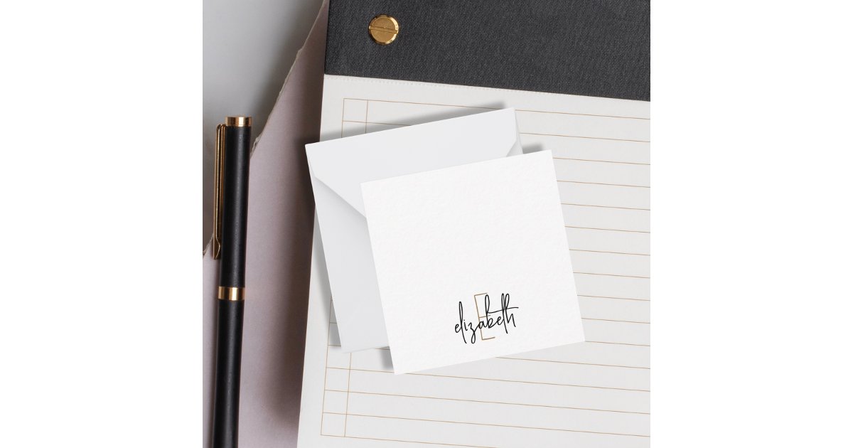 Elegant Monogram Black Gold Script Note Card | Zazzle