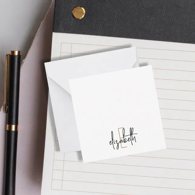 Elegant Monogram Black Gold Script Note Card | Zazzle
