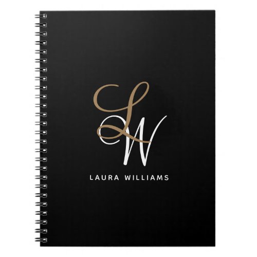 Elegant Monogram Black Gold Script Notebook