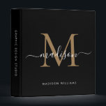 Elegant Monogram Black Gold Script Office School<br><div class="desc">Elegant Monogram Gold Black White Script Name Home Office Professional Work Back to School Recipe 3 ring binder</div>