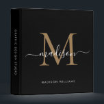 Elegant Monogram Black Gold Script Office School<br><div class="desc">Elegant Monogram Gold Black White Script Name Home Office Professional Work Back to School Recipe 3 ring binder</div>