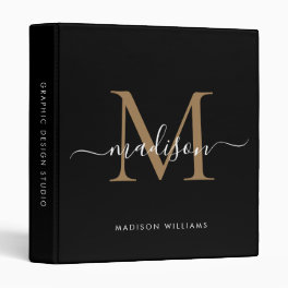 Elegant Monogram Black Gold Script Office School 3 Ring Binder