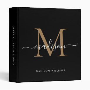 Elegant Monogram Black Gold Script Office School 3 Ring Binder