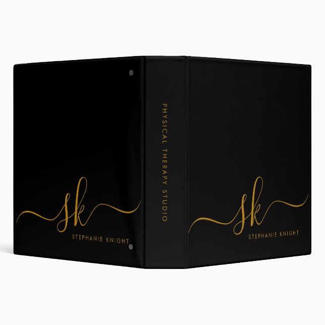 Elegant Monogram Black Gold Script Office School  3 Ring Binder (Background)
