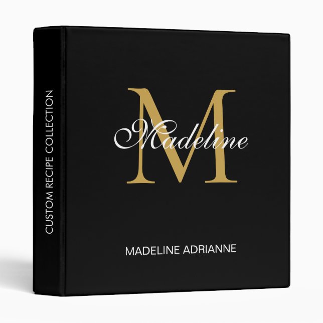 Elegant Monogram Black Gold Script Office School  3 Ring Binder (Front/Spine)