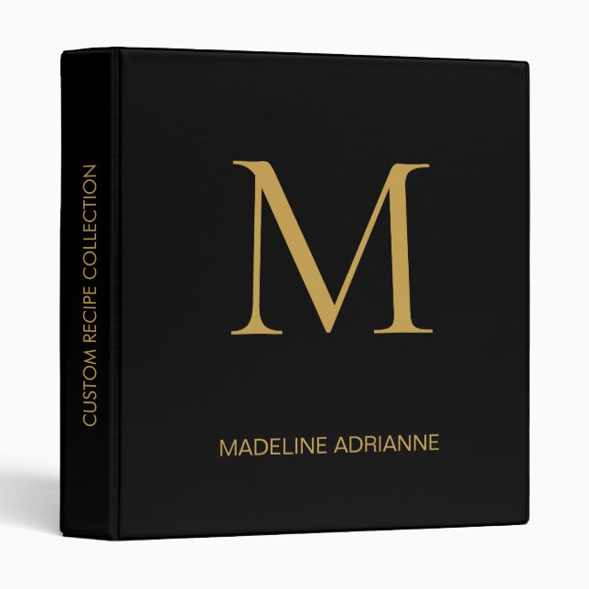 Elegant Monogram Black Gold Script Office School 3 Ring Binder (Front/Spine)