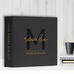 Elegant Monogram Black Gold Script Office School 3 Ring Binder