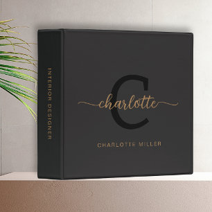 Elegant Monogram Black Gold Script Office School 3 Ring Binder