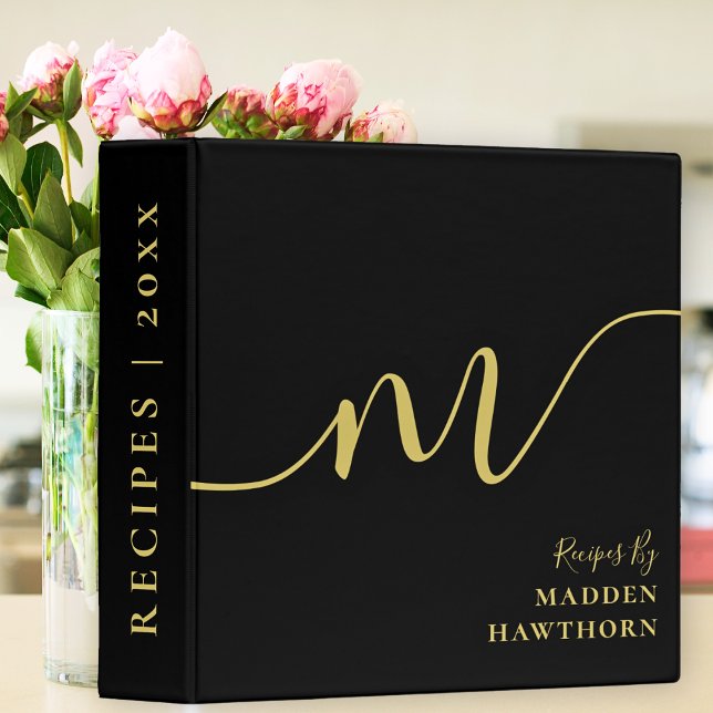 Elegant Monogram Black Gold Script Office School 3 Ring Binder (Creator Uploaded)