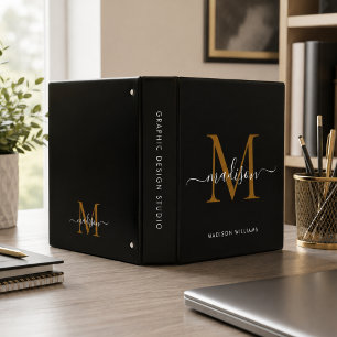 Elegant Monogram Black Gold Script Office School 3 Ring Binder