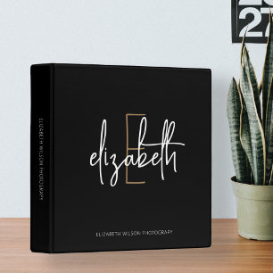 Elegant Monogram Black Gold Script Office School 3 Ring Binder