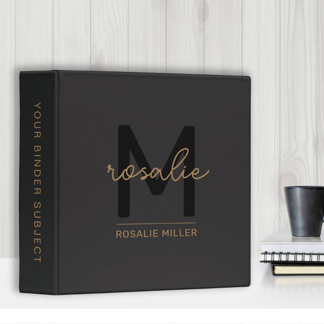 Elegant Monogram Black Gold Script Office School 3 Ring Binder (elegant black gold monogram binder)