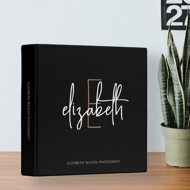 Elegant Monogram Black Gold Script Office School 3 Ring Binder (Creator Uploaded)