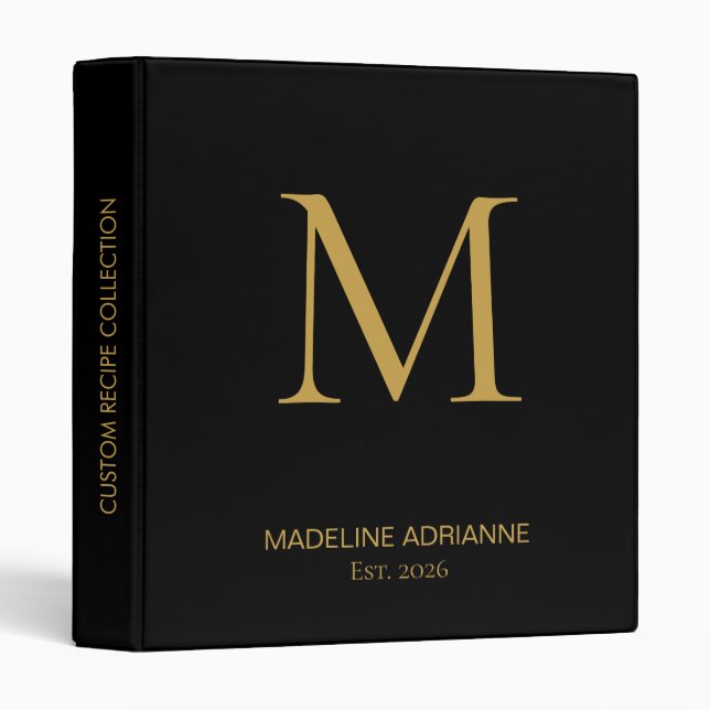 Elegant Monogram Black Gold Script Office School 3 Ring Binder (Front/Spine)