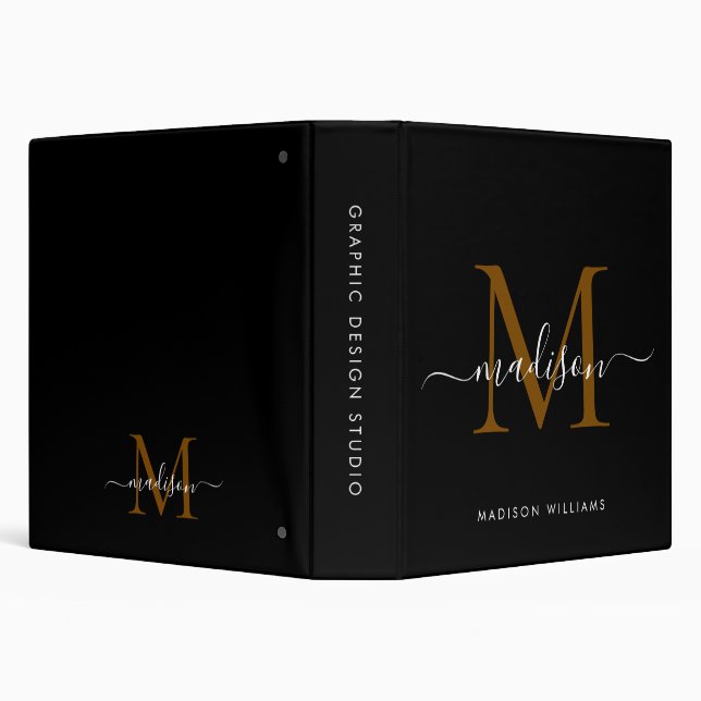 Elegant Monogram Black Gold Script Office School 3 Ring Binder (Background)