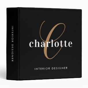 Elegant Monogram Black Gold Script Office School 3 Ring Binder