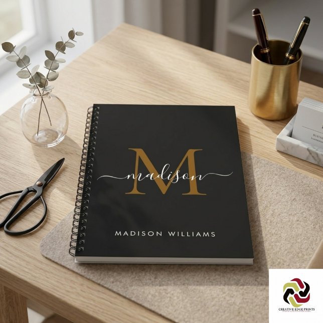 Elegant Monogram Black Gold Script Office School Notebook (Elegant Monogram Black Gold Script Office School Notebook
)