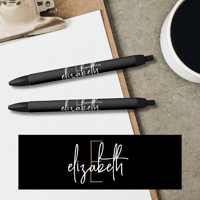 Elegant Monogram Black Gold Script Pen (Creator Uploaded)
