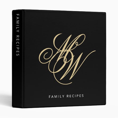 Elegant Monogram Black Gold Script Recipe 3 Ring Binder