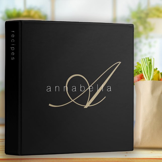 Elegant Monogram Black Gold Script Recipe 3 Ring Binder (Creator Uploaded)