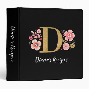 Elegant Monogram Black Gold Script Recipe 3 Ring Binder