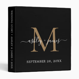 Elegant Monogram Black & Gold Script Wedding 3 Ring Binder