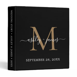 Elegant Monogram Black & Gold Script Wedding  3 Ring Binder