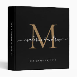 Elegant Monogram Black Gold Script Wedding Album 3 Ring Binder