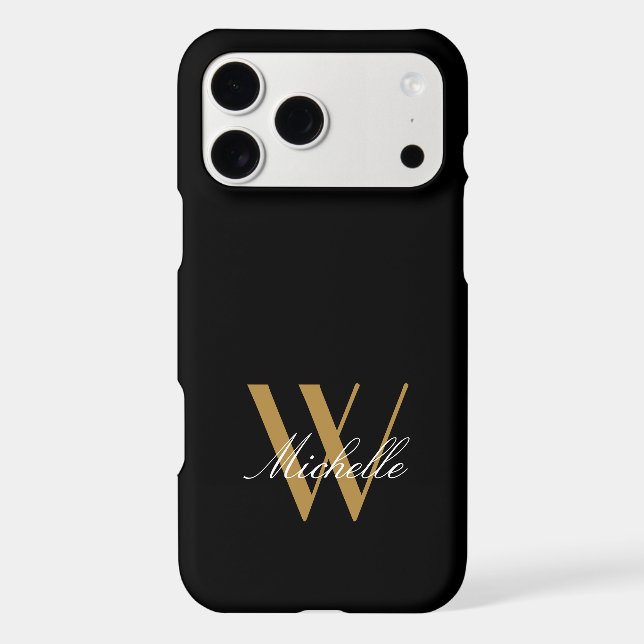 Elegant Monogram Black Gold Simple Name Script Iphone Case (Back)