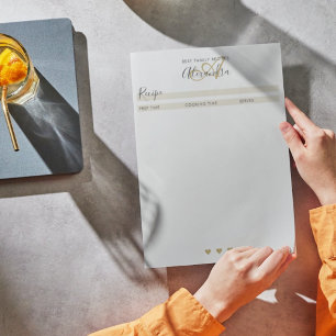 Elegant Monogram Black Gold Simple Recipe Sheet No Notepad