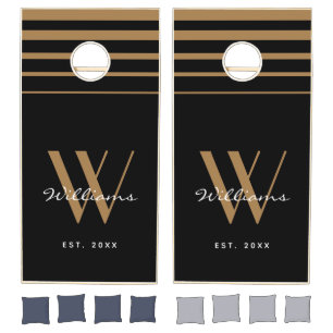 Elegant Monogram Black Gold Stripes Name Script Cornhole Set