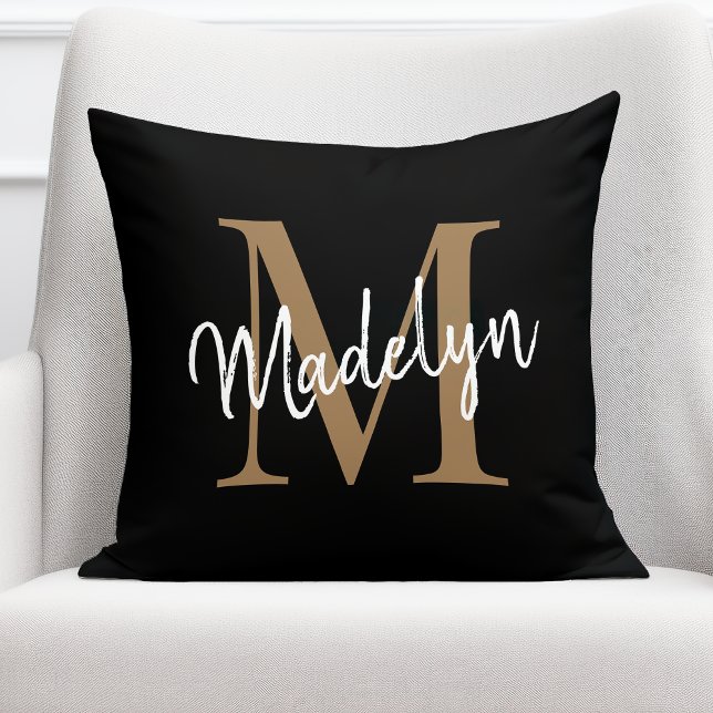 Elegant Monogram Black Gold Stylish Girly Script Throw Pillow (Creator Uploaded)