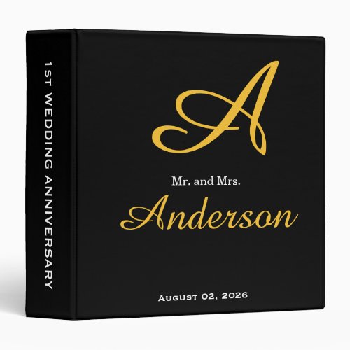 Elegant Monogram Black Gold Wedding Anniversary 3 Ring Binder