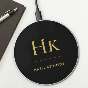 Elegant Monogram Black Gold Wireless Charger